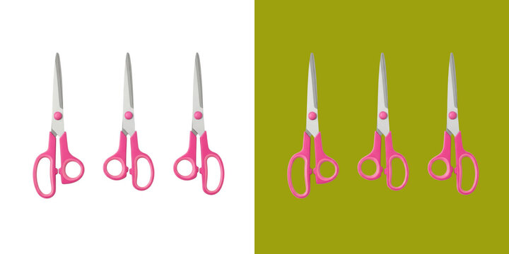 Six pink scissors arranged in a row against contrasting split background transparent png