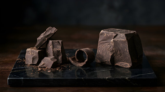 Dark chocolate chunks and shavings arranged on a dark marble surface with moody lighting