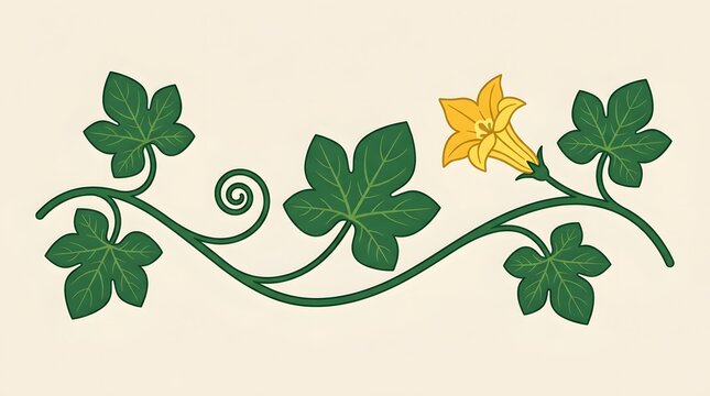 Decorative pumpkin vine scroll with green leaves and yellow flower for seasonal botanical border.
