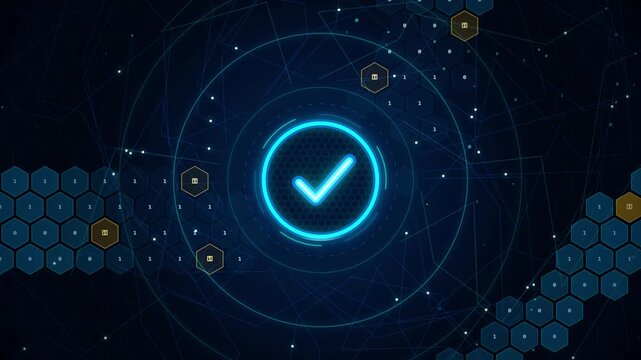Digital network abstract background with glowing blue checkmark icon inside concentric circles and hexagonal grid elements displaying binary code symbolizing data security and technology innovation