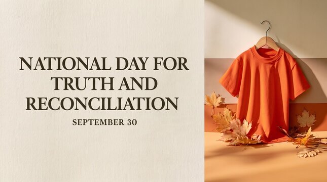 National Day for Truth and Reconciliation September 30 Banner with Orange Shirt and Maple Leaves in Canada