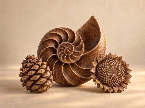 Glossy walnut wood spiral Fibonacci Day November math golden ratio nautilus shell on warm beige background editorial