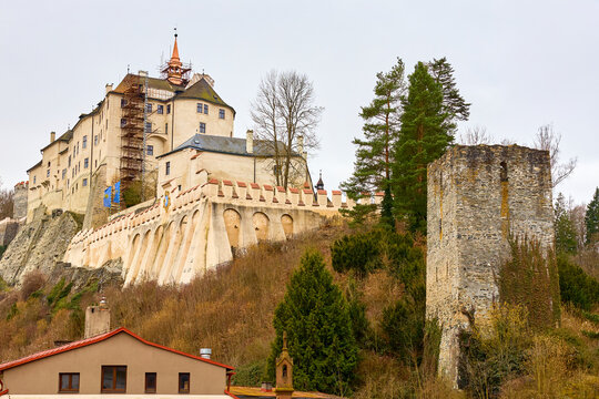 Medieval gothic castle with tower and scenic landscape in autumn. March 15, 2026, Cesky Sternberk, Czech Republic