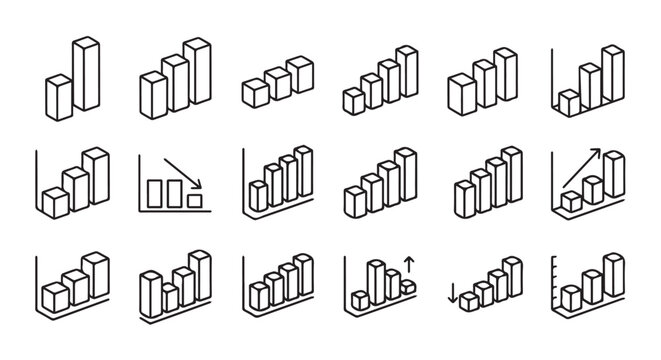 Bar chart icons showing growth and decline trends against a white background in a clean isometric style