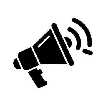 Black megaphone icon emitting sound waves for media and communication alerts