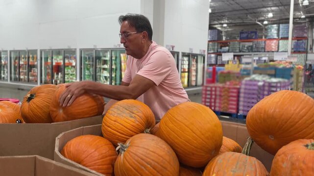 Man shops for pumpkins from a large produce display inside a big box store, selecting fresh pumpkins for fall and Halloween. 15425  