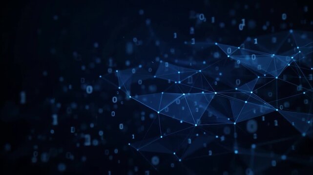Digital blockchain technology with plexus and binary code connection concept for global business and communication