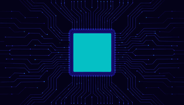 Microchip processor vector, blue integrated circuit with electronic circuit traces, semiconductor technology concept, computer hardware and digital computing background