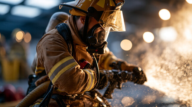 Firefighter in protective gear spraying water from a hose during a training exercise side view with face covered by helmet and visor bright clean training facility soft even lighting