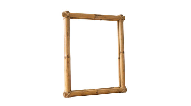 Empty rectangular mirror frame made of natural bamboo sticks with rope bindings isolated on transparent background