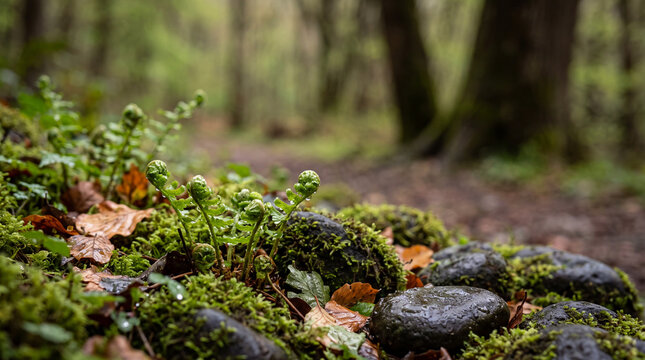 Fresh fern fiddleheads and mossy stones on a damp forest floor, close-up woodland path with soft natural light and shallow depth of field, serene nature detail