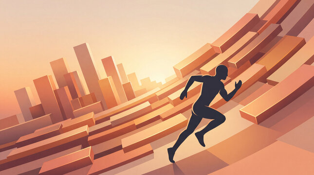 Silhouette of runner sprinting through abstract futuristic cityscape with orange geometric blocks, dynamic motion and sunrise concept background