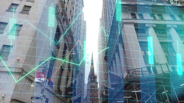 Financial stock market candlestick chart displayed over wall street buildings and trinity church spire, representing global business, finance, investment and economy