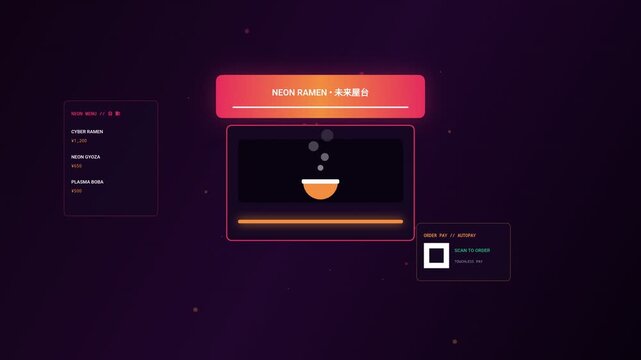 Futuristic digital restaurant menu interface with neon ramen bowl animation