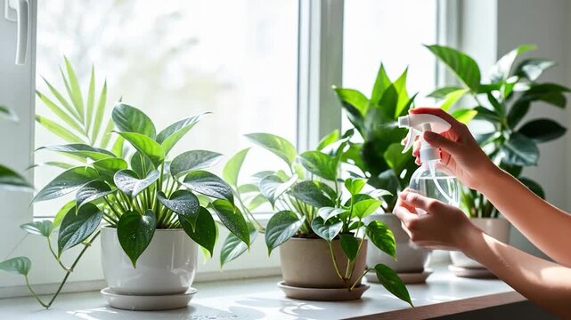 Woman spraying water on potted houseplants for care and hydration. Female hands misting green leaves on a sunny windowsill
