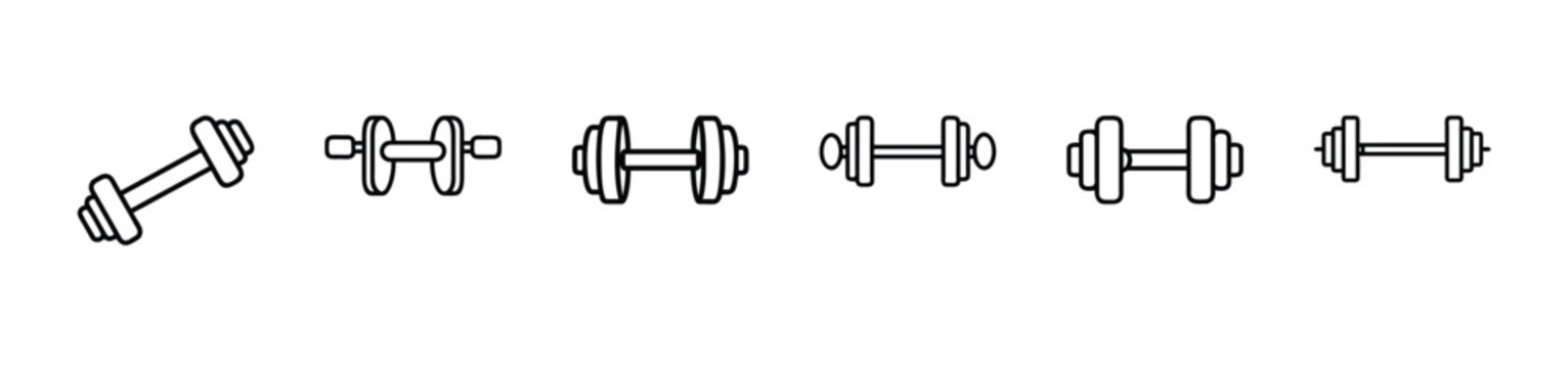 Weightlifting barbell line icons set with dumbbell gym workout fitness exercise equipment heavy & vector illustration with editable stroke.
