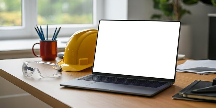 A yellow hard hat safety glasses and a laptop with a blank screen on a wooden desk 1