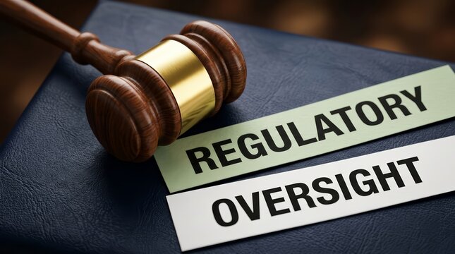 Concept of law and business compliance featuring a wooden gavel and regulatory oversight terms.