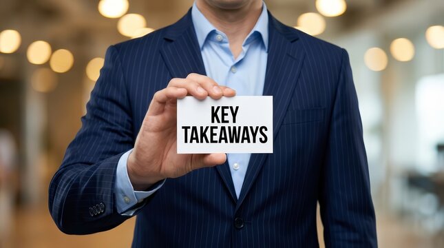 Close up of a professional holding a card with key takeaways written on it.