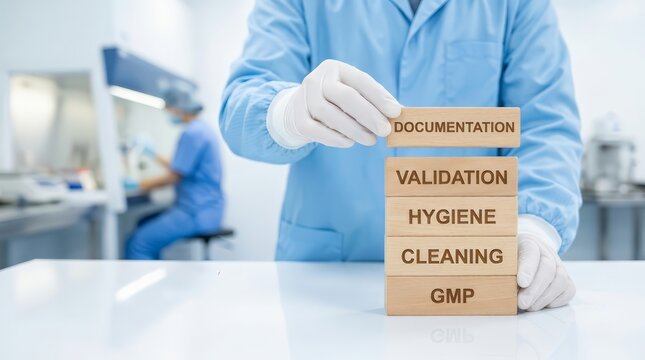 Laboratory professional in gloves stacking wooden blocks for GMP cleaning hygiene validation and documentation.