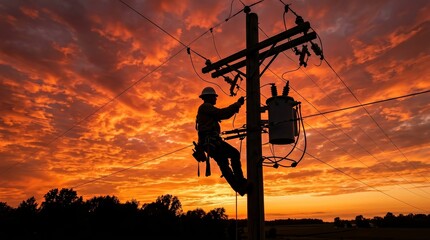 Obraz premium Lineman silhouette climbing a utility pole with transformer during a dramatic sunset
