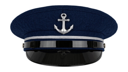 Dark blue captain s hat with silver anchor emblem and shiny brim, isolated on transparent background © David