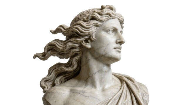 Marble bust of Apollo with flowing hair, isolated on transparent background