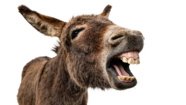 Funny brown donkey with mouth wide open and teeth showing, isolated on transparent background