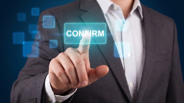 Businessman pressing a glowing confirm button on a digital interface