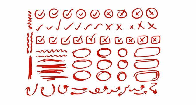 Hand Drawn Red Check Marks, Circles, Crosses and Doodle Symbols Collection