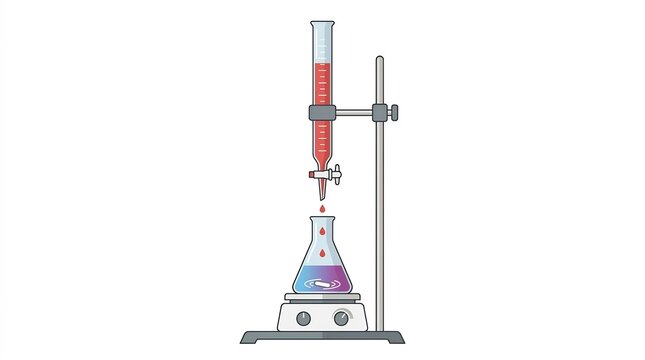 Chemical Titration Setup with Burette and Erlenmeyer Flask on Hot Plate &ndash; Chemistry Illustration