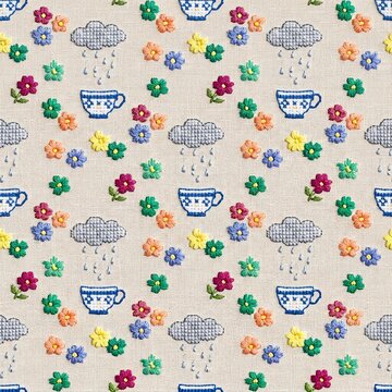 Seamless pattern featuring hand embroidered colorful flowers tea cups and rainy clouds on natural linen fabric