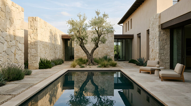 Modern luxury villa courtyard with a swimming pool and olive tree at sunset
