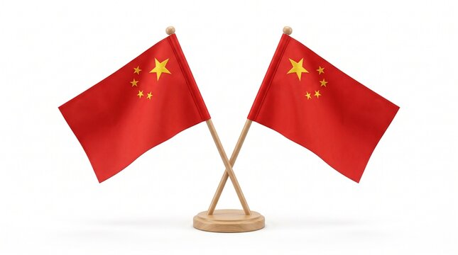 Two Miniature China Desk Flags Crossed on Wooden Stand Isolated on White Background for Bilateral Relations, Business Diplomacy, and Political Summit
