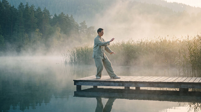 Man practicing tai chi on a wooden dock by a misty lake at sunrise, peaceful wellness exercise surrounded by reeds and forest reflections in nature