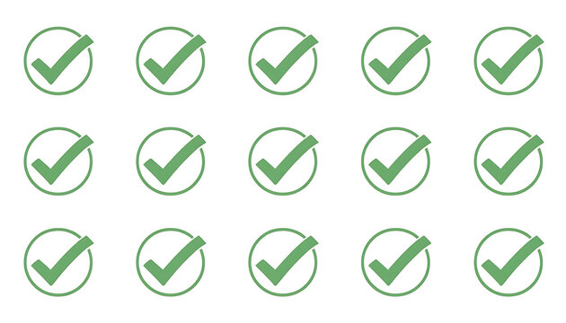 Set of green check mark icons arranged in a grid isolated on white background