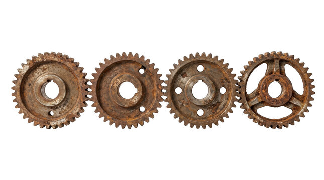 Four rusted metal gears arranged in a horizontal row isolated on transparent background