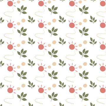 A seamless minimalist botanical pattern features coral sun shapes, olive green leafy branches, beige dots, and playful dotted curves