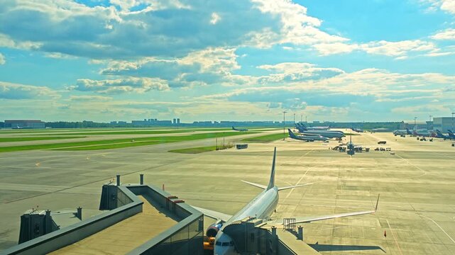Commercial airplane stands parked beside jet bridge on sunlit airport apron while service vehicles maneuver below clear sky, illustrating efficient aviation operations and transit hub logistics.