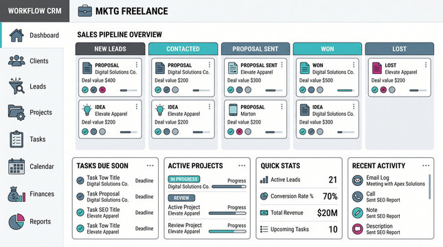 CRM dashboard freelance vector interface overview sales pipeline tracking and task management graphic