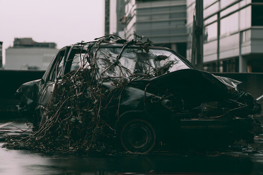 Derelict car overgrown with vines in a moody, abandoned urban setting. Post-apocalyptic decay and nature reclaiming man-made structures.