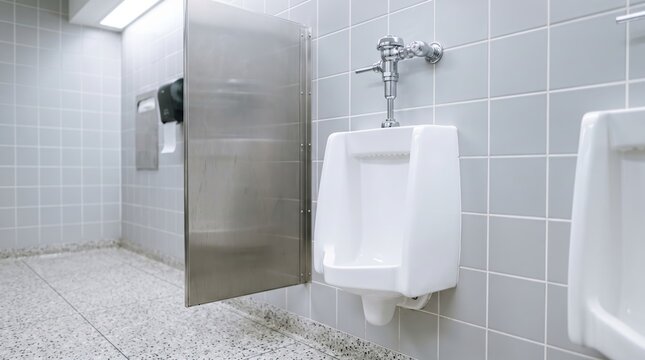 Public restroom features a wall mounted urinal with flush valve. Gray tiles, terrazzo floor, and stainless partition frame the commercial washroom. Hygiene and facility maintenance concept.