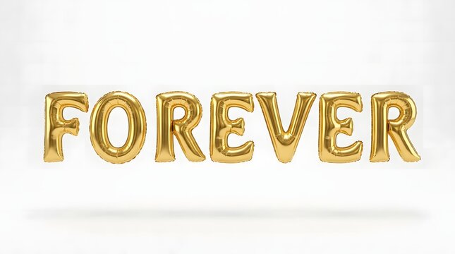 The word forever spelled out in shiny gold foil balloons on a white background