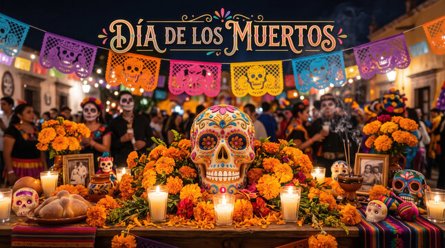 People celebrating Dia de los Muertos with sugar skull and marigold altar at night