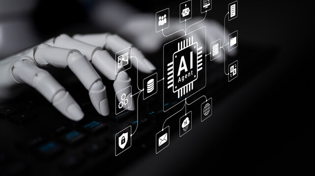 Robotic Hand Interacting with Digital Interface Representing Artificial Intelligence and Automation Concepts in a Futuristic Setting. Glyphic.