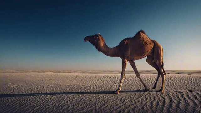 Single Dromedary Camel Walking Across a Vast Desert