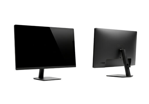 Front and back view of a modern black computer monitor isolated on transparent background