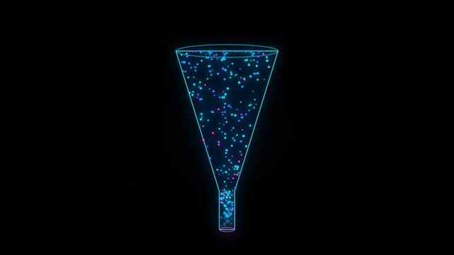 Neon glowing funnel shape with floating particles moving downwards, abstract digital concept of data filtering and processing on a black background
