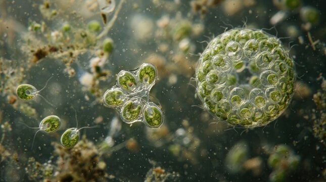 Microscopic green algae demonstrating multicellular hurdle, showing evolutionary bottleneck of great filter barrier, rare earth hypothesis, fermi paradox, complex organism development, cellular colony