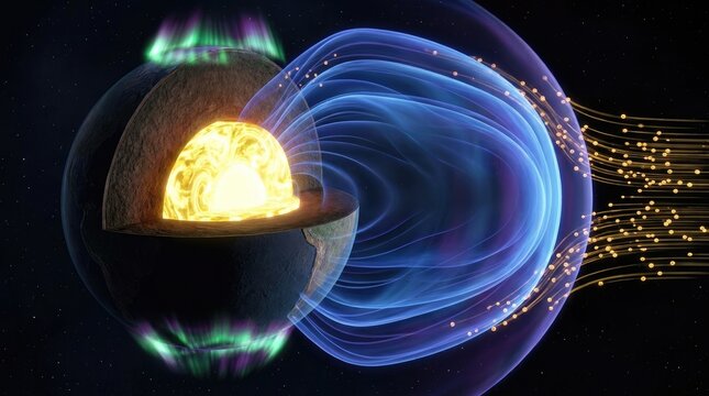 Earth geomagnetic dynamo cross section, shielding cocoon deflecting highly charged solar wind particles, planetary atmosphere displaying glowing green polar auroras.